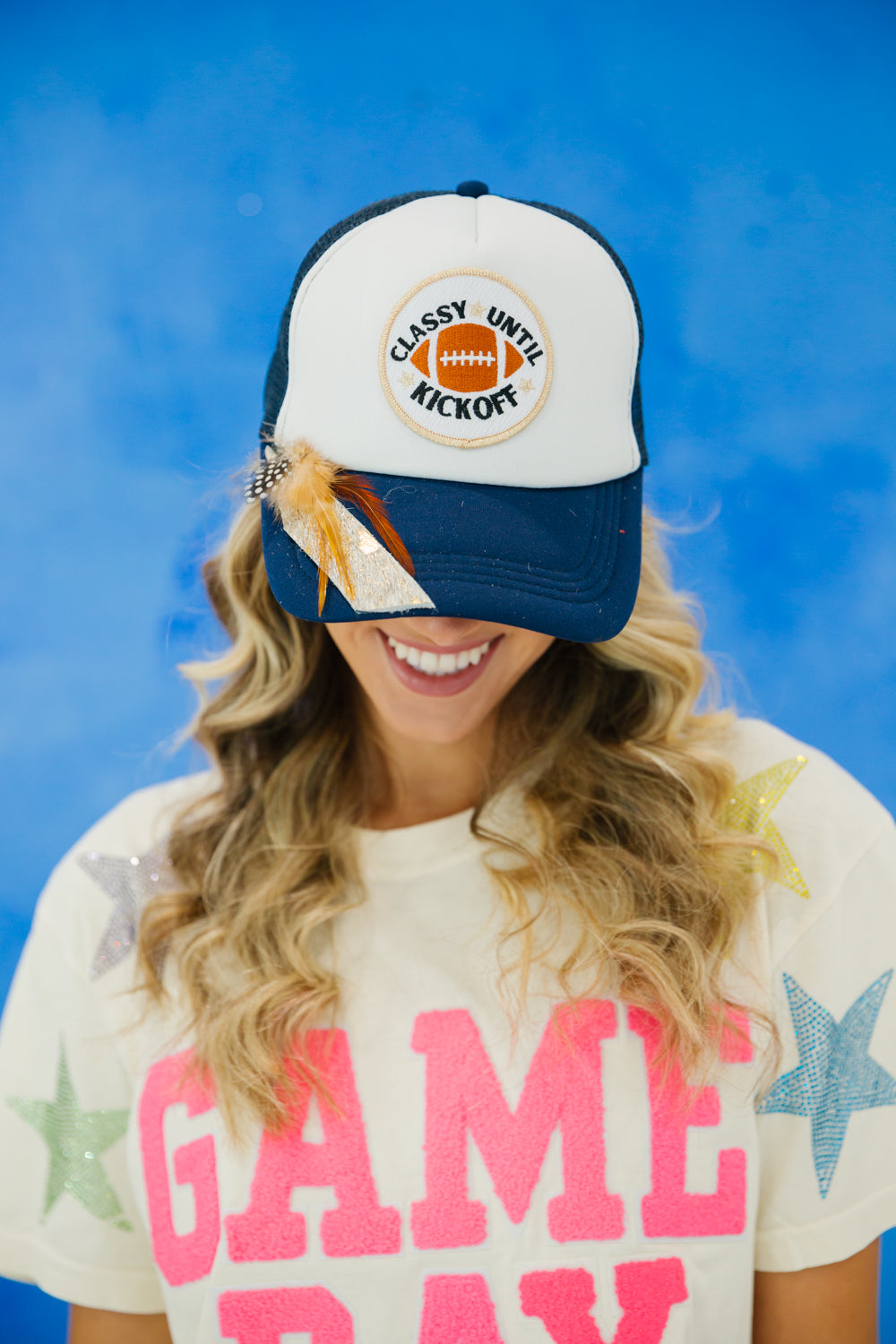 CLASSY UNTIL KICKOFF FEATHER HATS gameday23 Judith March NAVY AND WHITE  