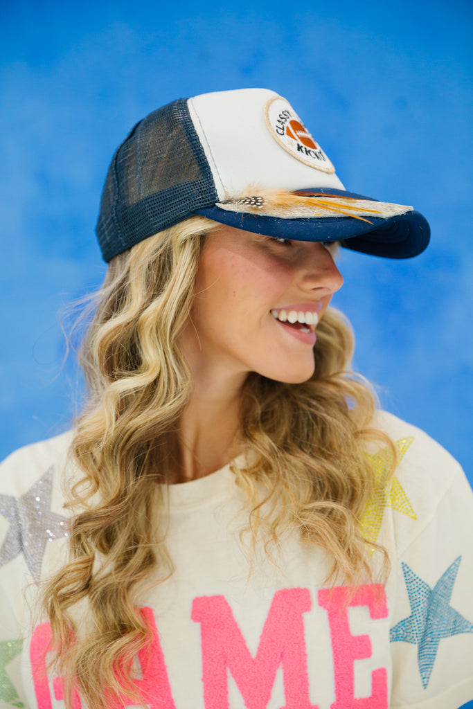 CLASSY UNTIL KICKOFF NAVY AND WHITE TRUCKER