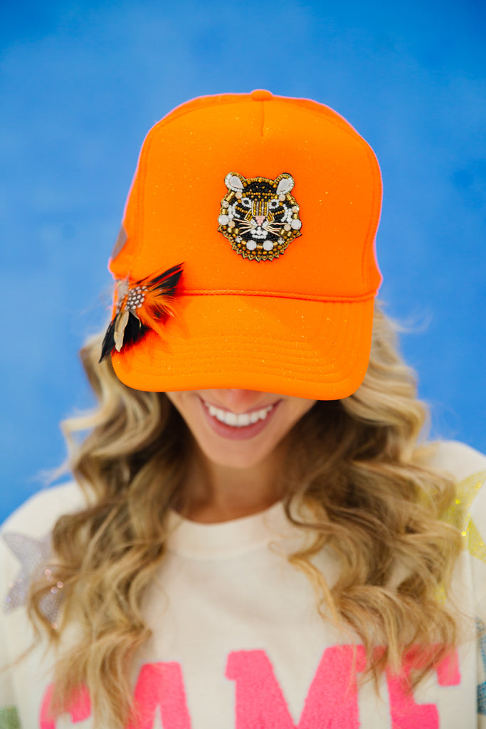 TIGRESS ORANGE TRUCKER HAT gameday23 Judith March YES- SPARKLE SPRAY  