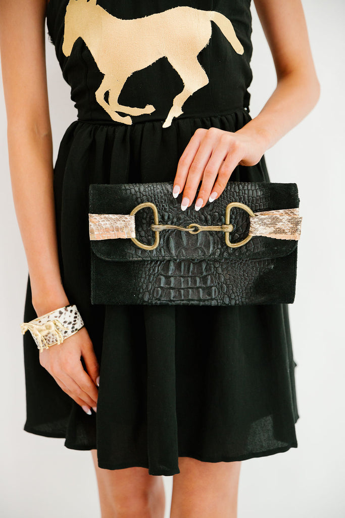 SNAKE SKIN HORSE BIT CLUTCH PURSE Judith March