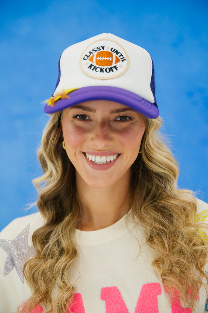 CLASSY UNTIL KICKOFF PURPLE AND WHITE TRUCKER gameday23 Judith March   
