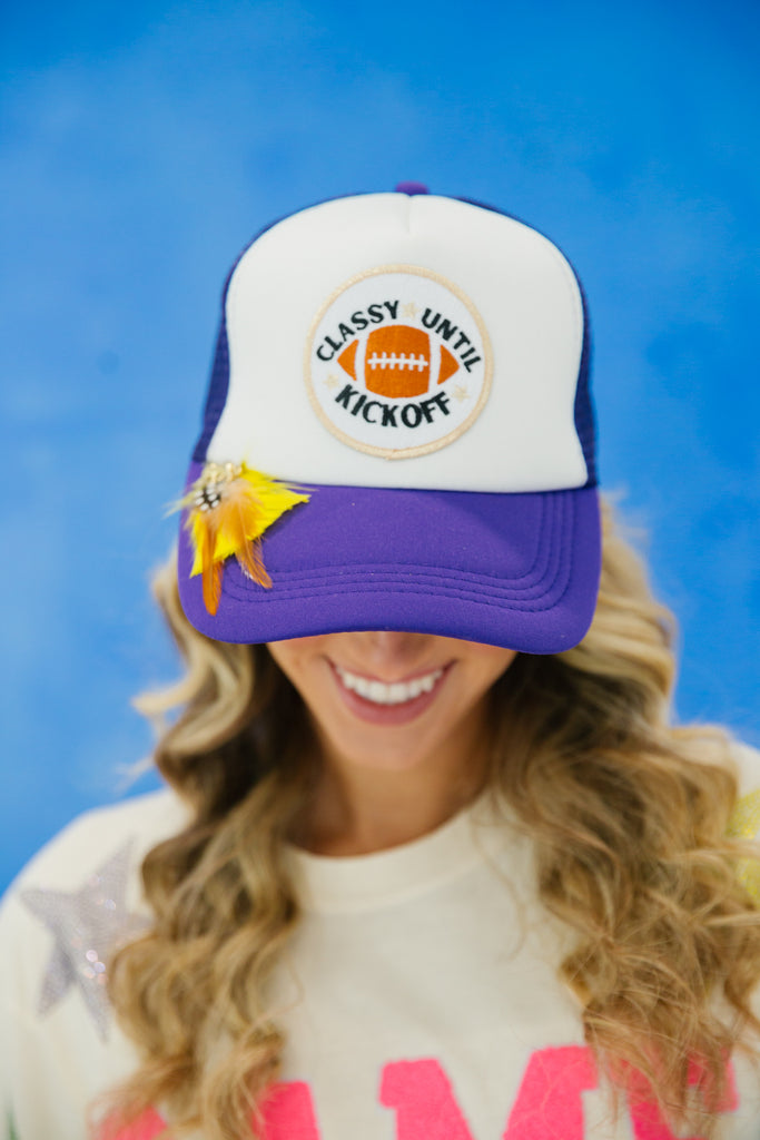 CLASSY UNTIL KICKOFF PURPLE AND WHITE TRUCKER gameday23 Judith March   