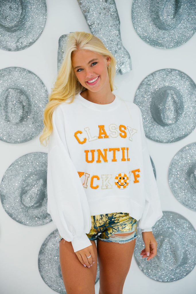 CLASSY UNTIL KICKOFF CHECKERED SMILEY PULLOVER