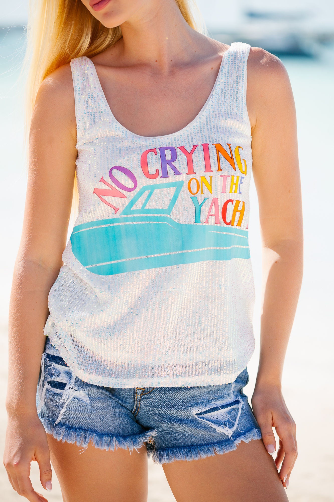 NO CRYING ON THE YACHT SILVER SEQUIN TANK TANK Judith March