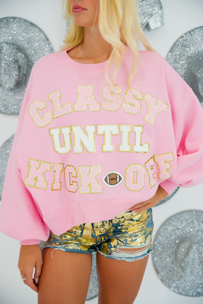 CLASSY UNTIL KICKOFF PINK GLAM PULLOVER