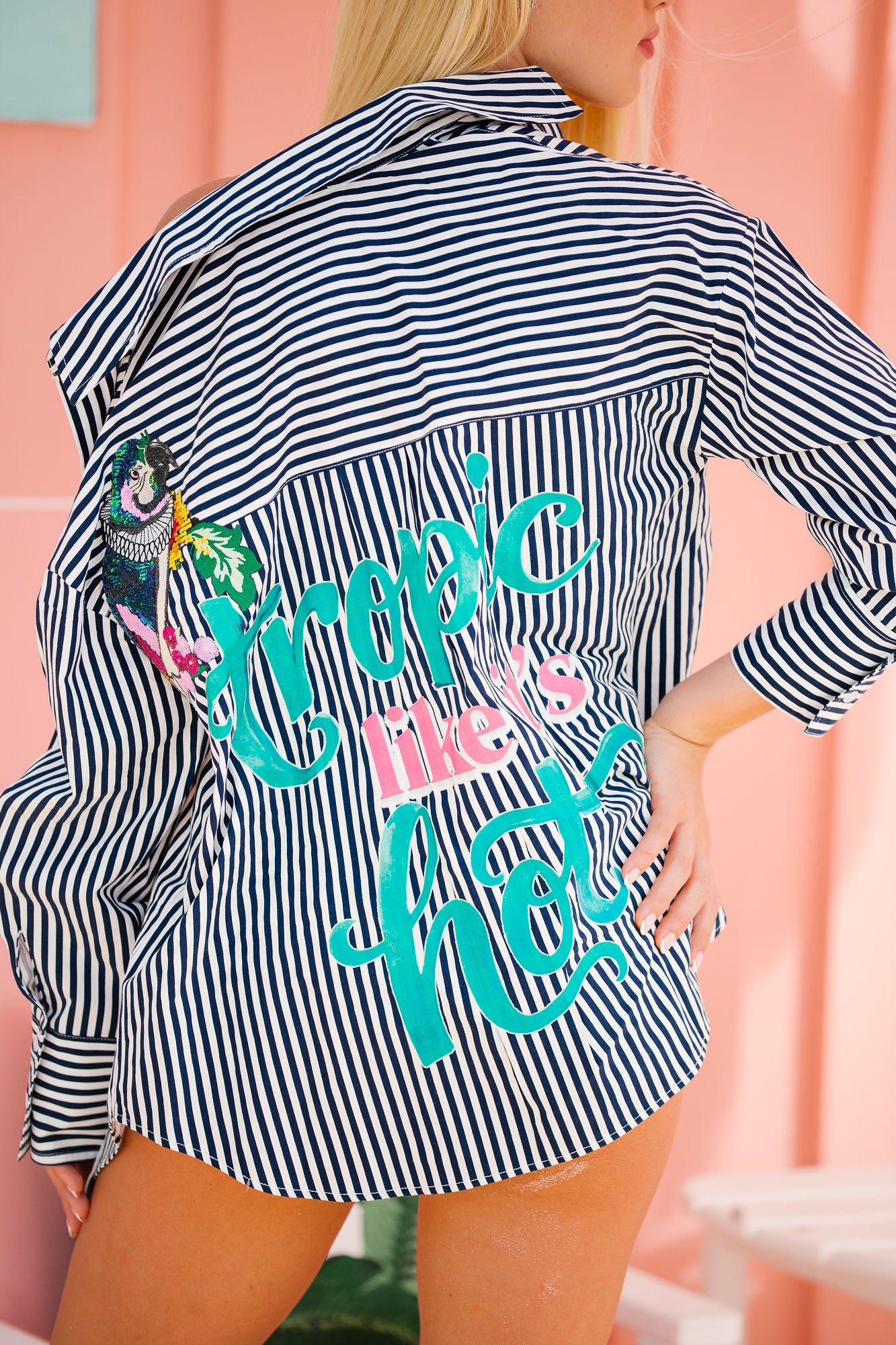TROPIC LIKE IT'S HOT NAVY STRIPED BUTTON DOWN Button Down Judith March