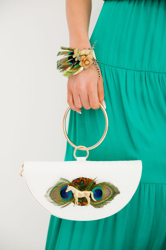 GOLDEN HORSE FEATHER WHITE PURSE PURSE Judith March