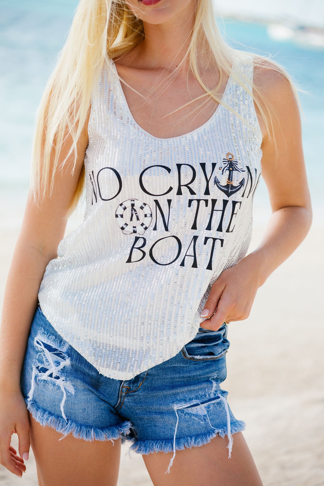 NO CRYING ON THE BOAT SILVER SEQUIN TANK TANK Judith March