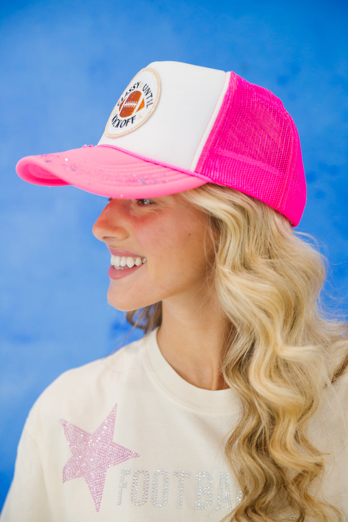 CLASSY UNTIL KICKOFF PINK AND WHITE TRUCKER gameday23 Judith March   