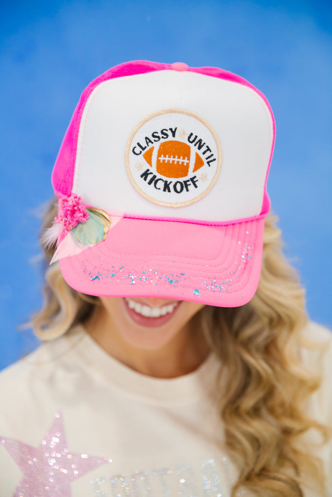 CLASSY UNTIL KICKOFF PINK AND WHITE TRUCKER
