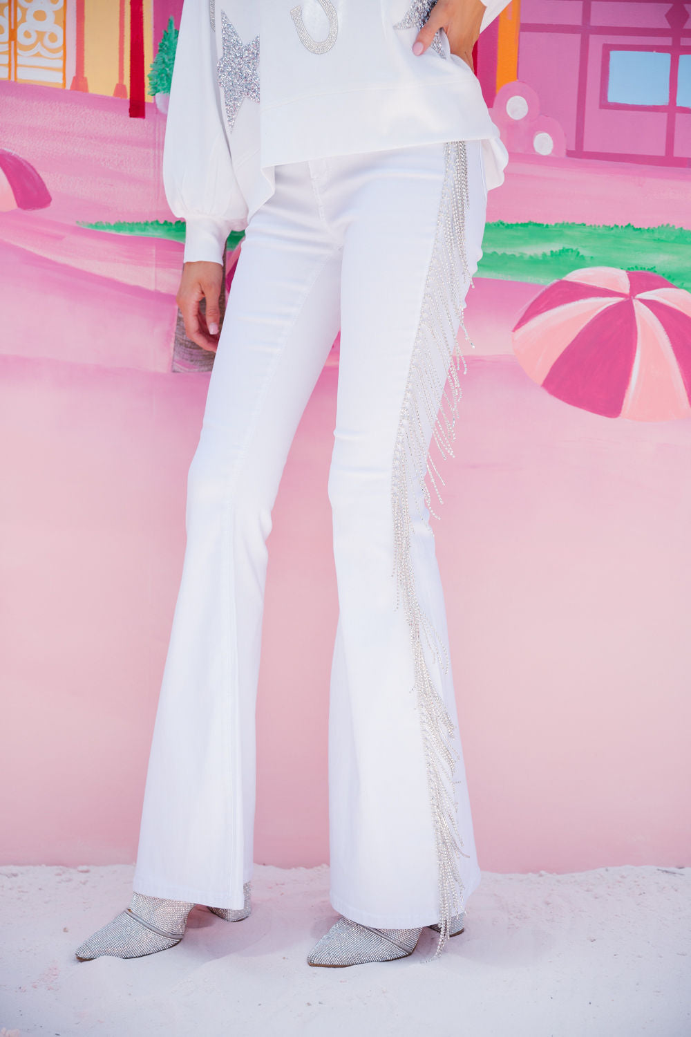 DIAMOND FRINGE FLARES  Judith March WHITE SMALL 