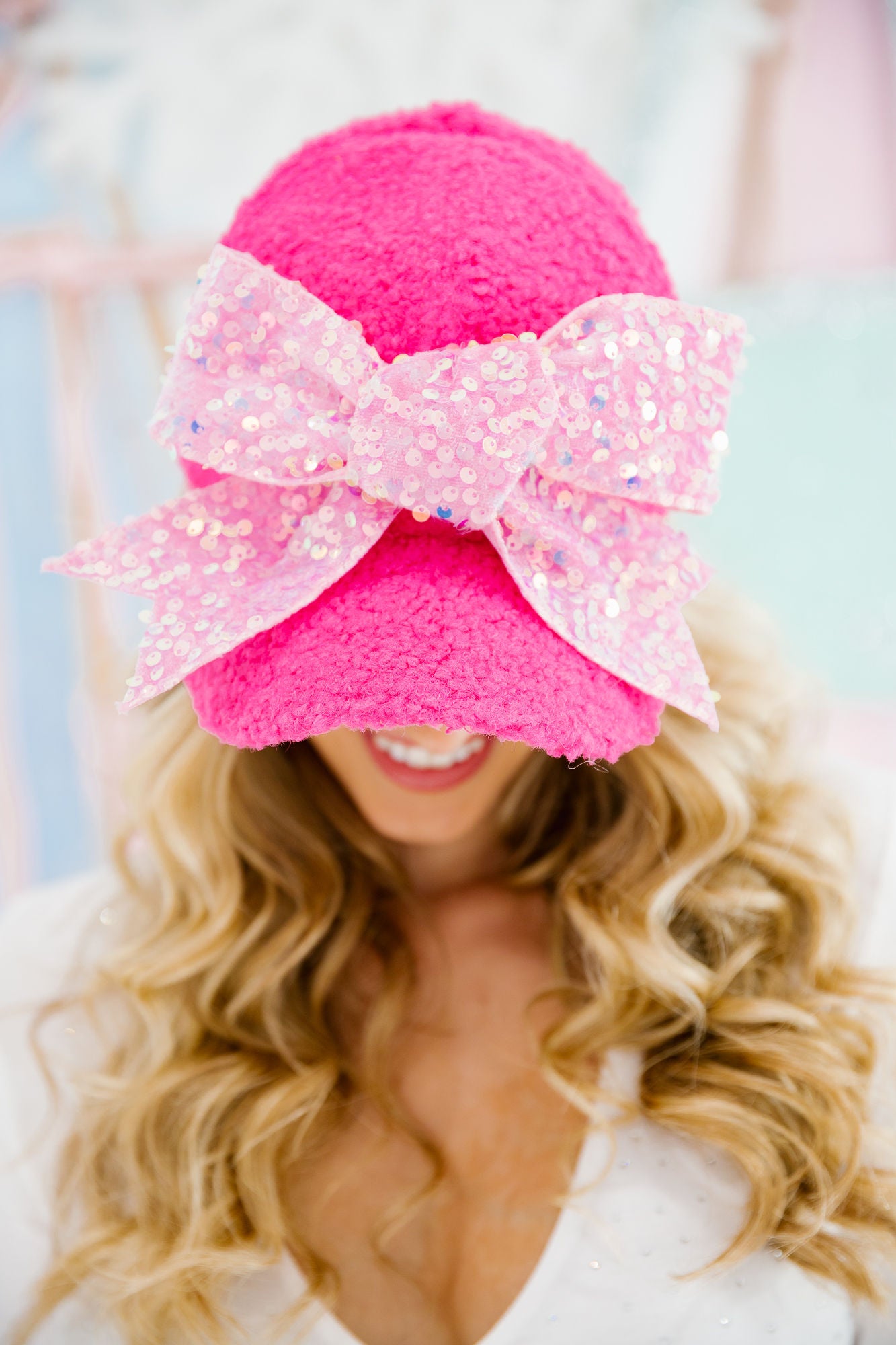 PRETTY IN PINK BOW SHERPA HAT HAT Judith March
