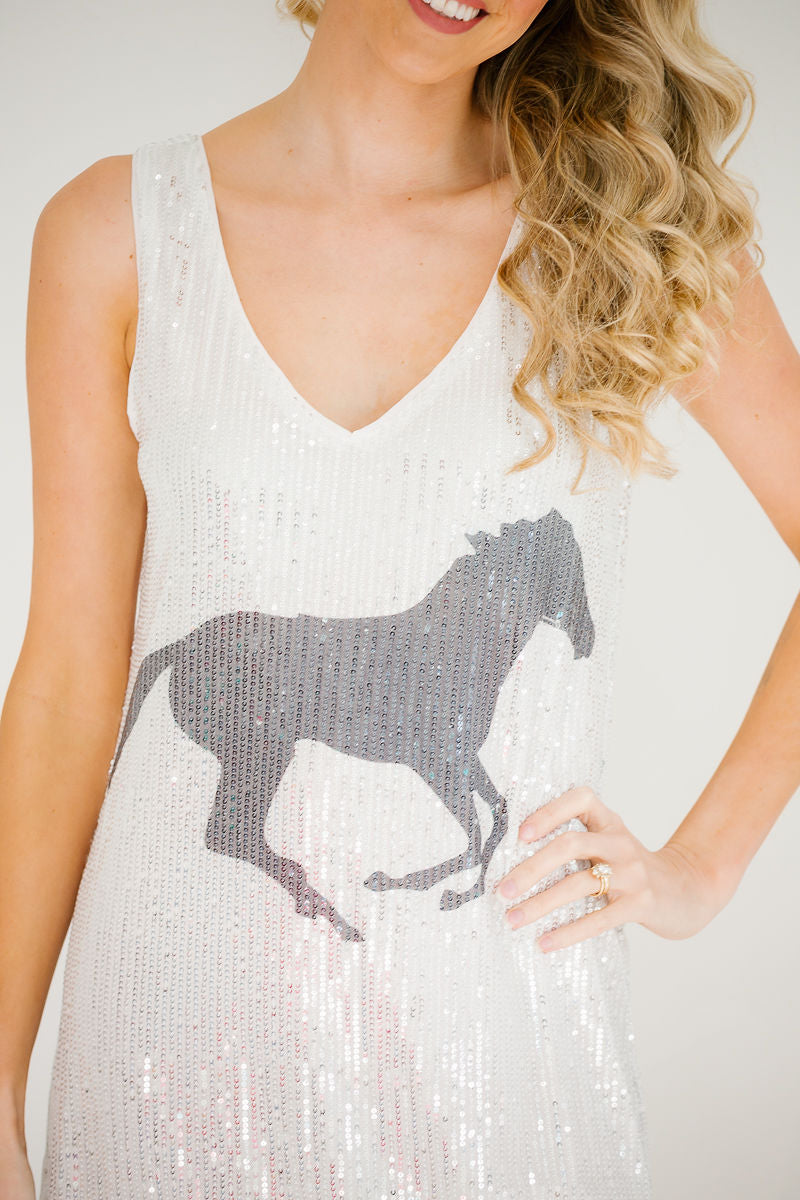 *RACE HORSE SILVER SEQUIN DRESS - LARGE TOP Judith March