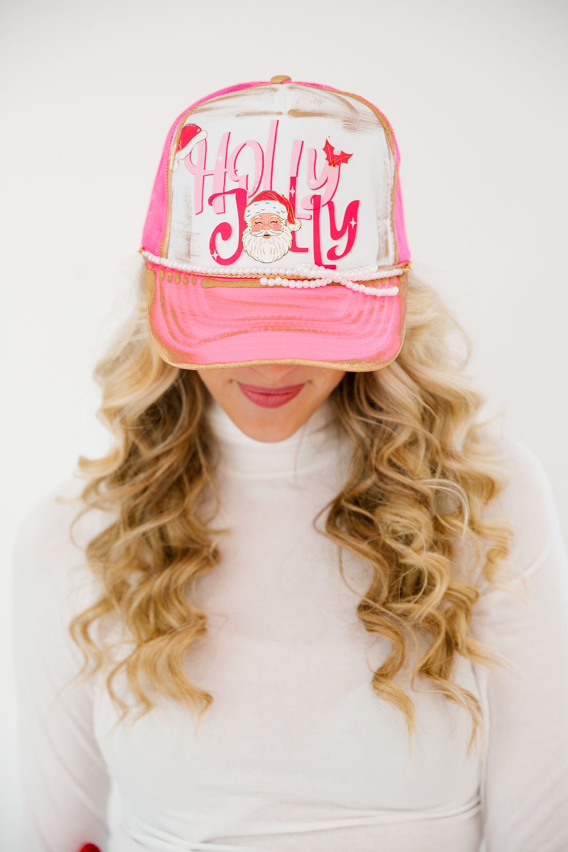 HOLLY JOLLY PEARL BOW TRUCKER HAT TRUCKER HAT Judith March