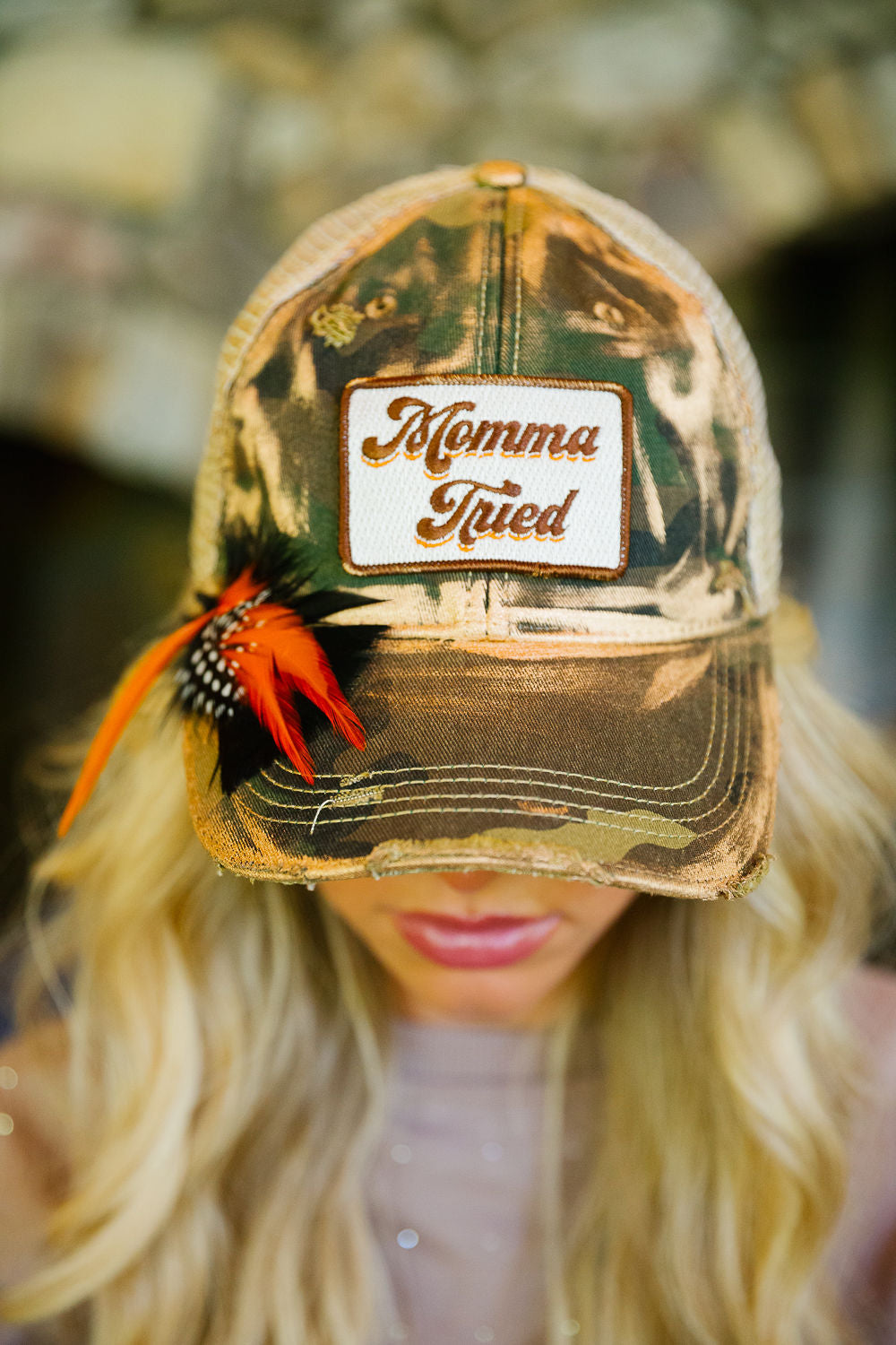 MOMMA TRIED GOLDEN CAMO HAT TRUCKER HAT Judith March
