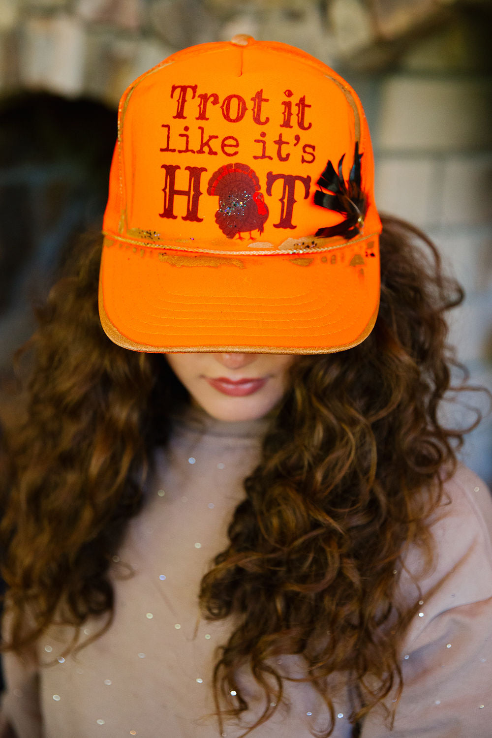TROT IT LIKE IT'S HOT ORANGE TRUCKER HAT TRUCKER HAT Judith March