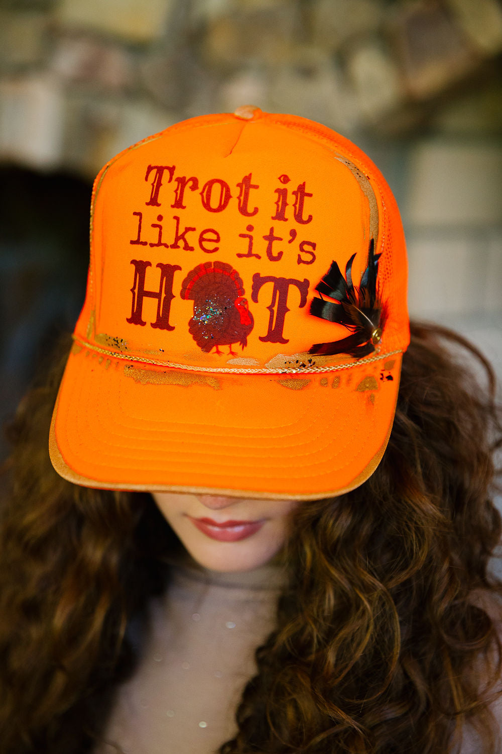 TROT IT LIKE IT'S HOT ORANGE TRUCKER HAT TRUCKER HAT Judith March