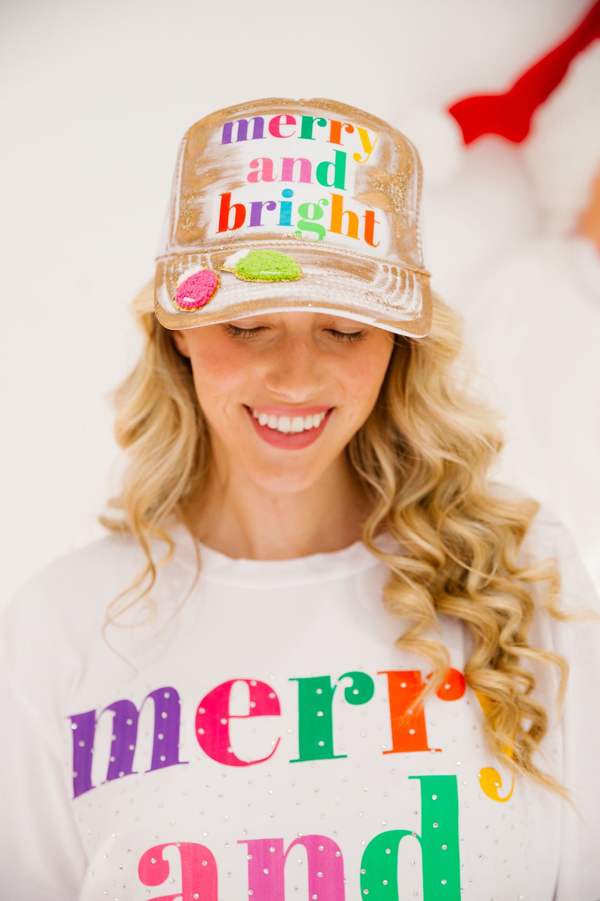 MERRY AND BRIGHT WHITE TRUCKER HAT TRUCKER HAT Judith March