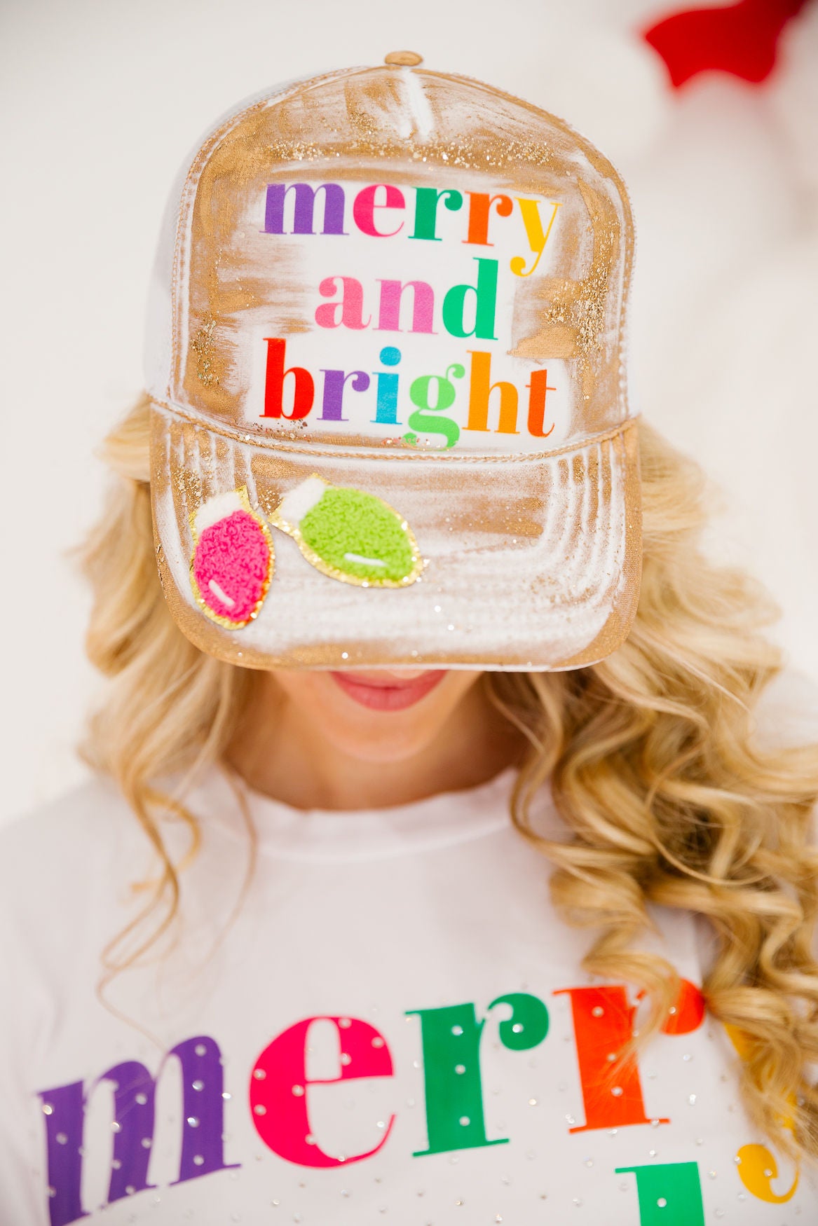 MERRY AND BRIGHT WHITE TRUCKER HAT TRUCKER HAT Judith March