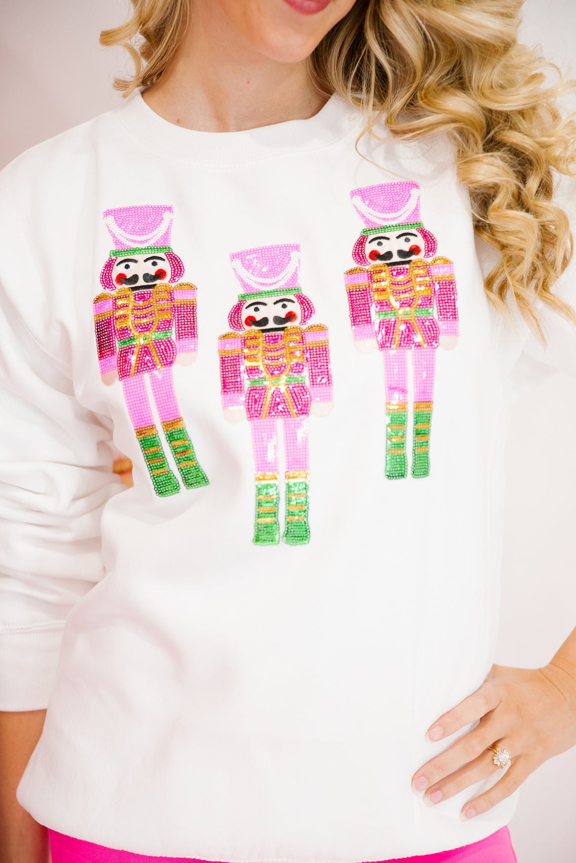 PINK SEQUIN NUTCRACKER WHITE PULLOVER PULLOVER Judith March