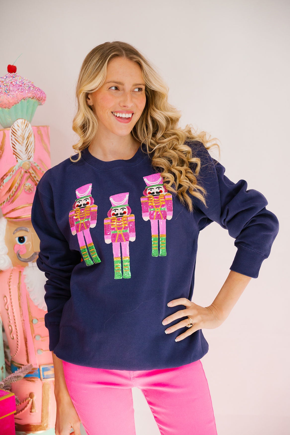 PINK SEQUIN NUTCRACKER NAVY PULLOVER PULLOVER Judith March