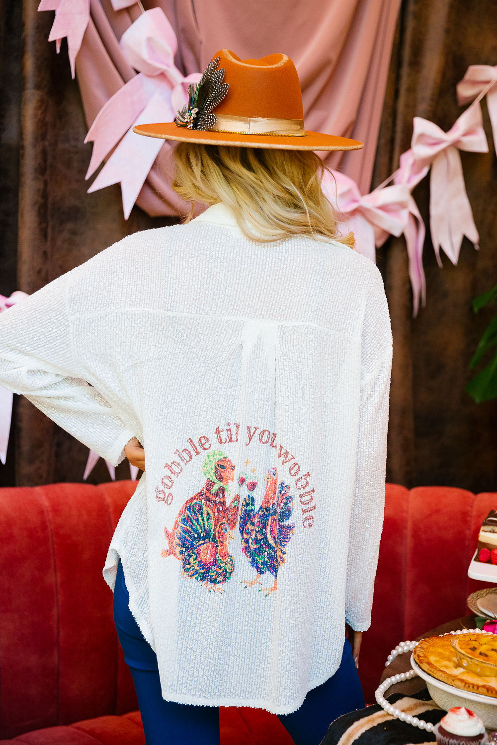 GOBBLE TIL' YOU WOBBLE SEQUIN BUTTON DOWN TOP Judith March