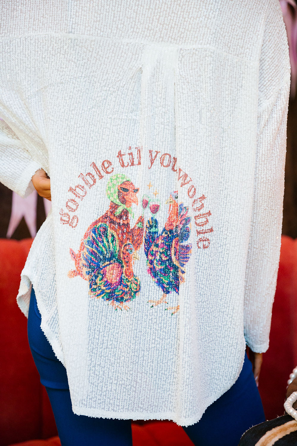 GOBBLE TIL' YOU WOBBLE SEQUIN BUTTON DOWN TOP Judith March