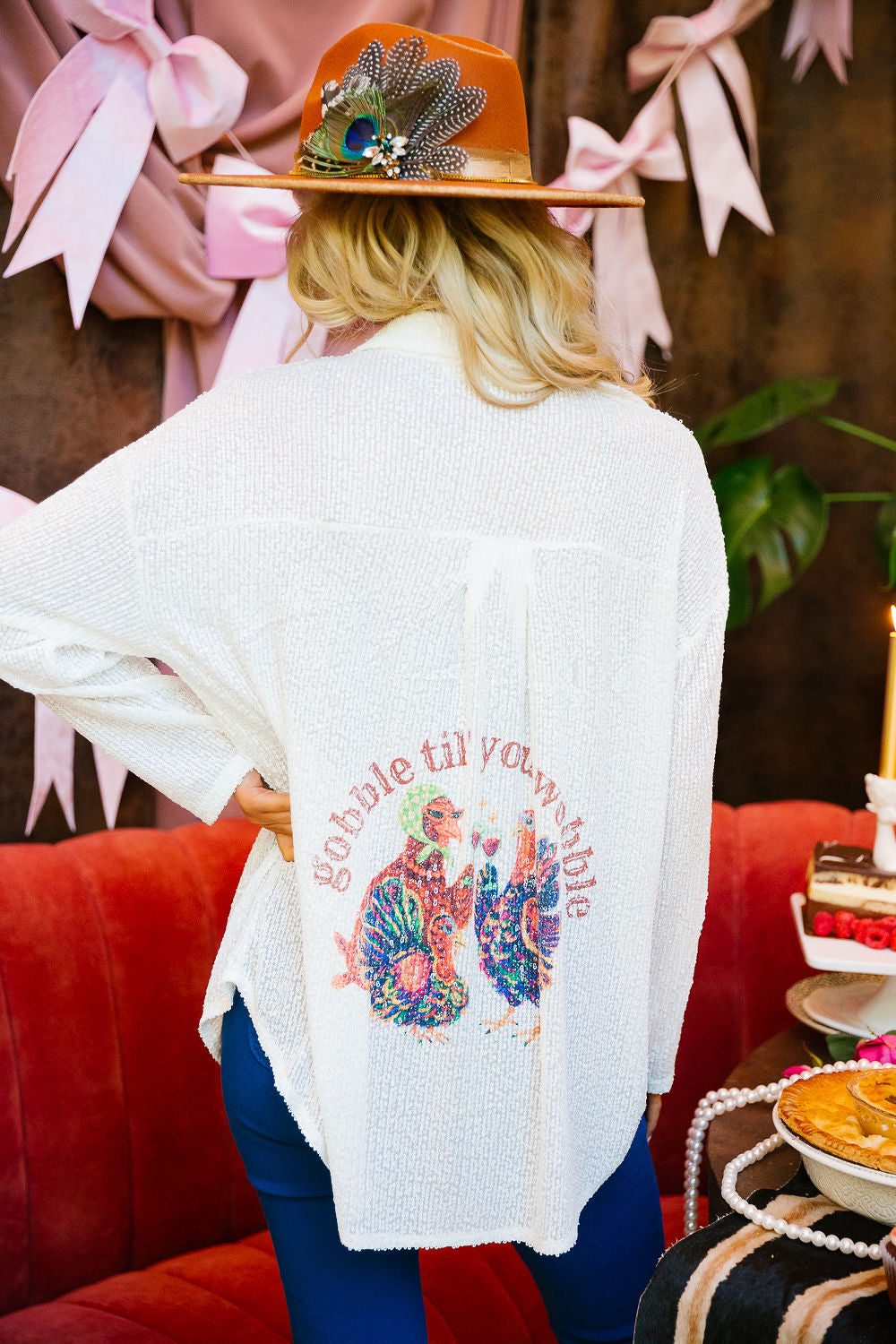 GOBBLE TIL' YOU WOBBLE SEQUIN BUTTON DOWN TOP Judith March