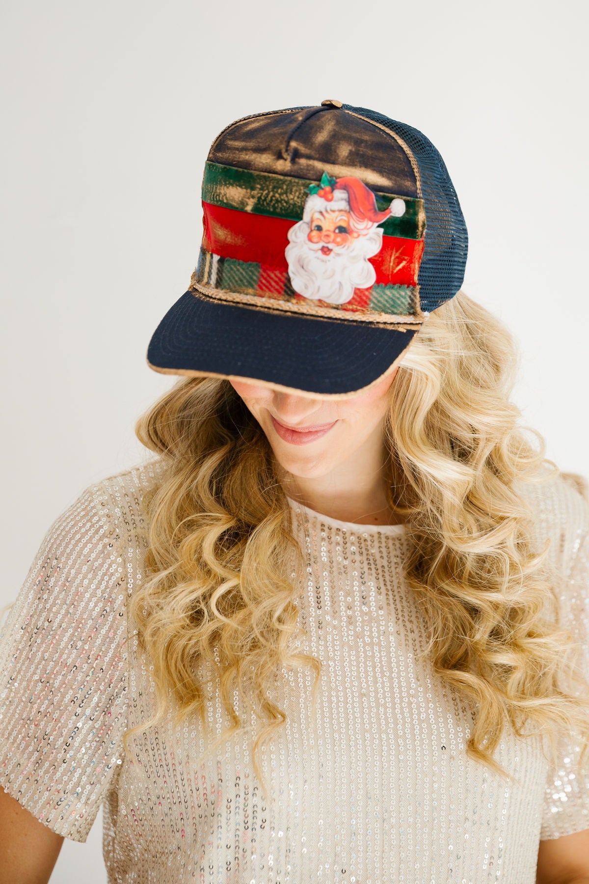 SANTA'S EXPRESS NAVY STRUCTURED HAT TRUCKER HAT Judith March