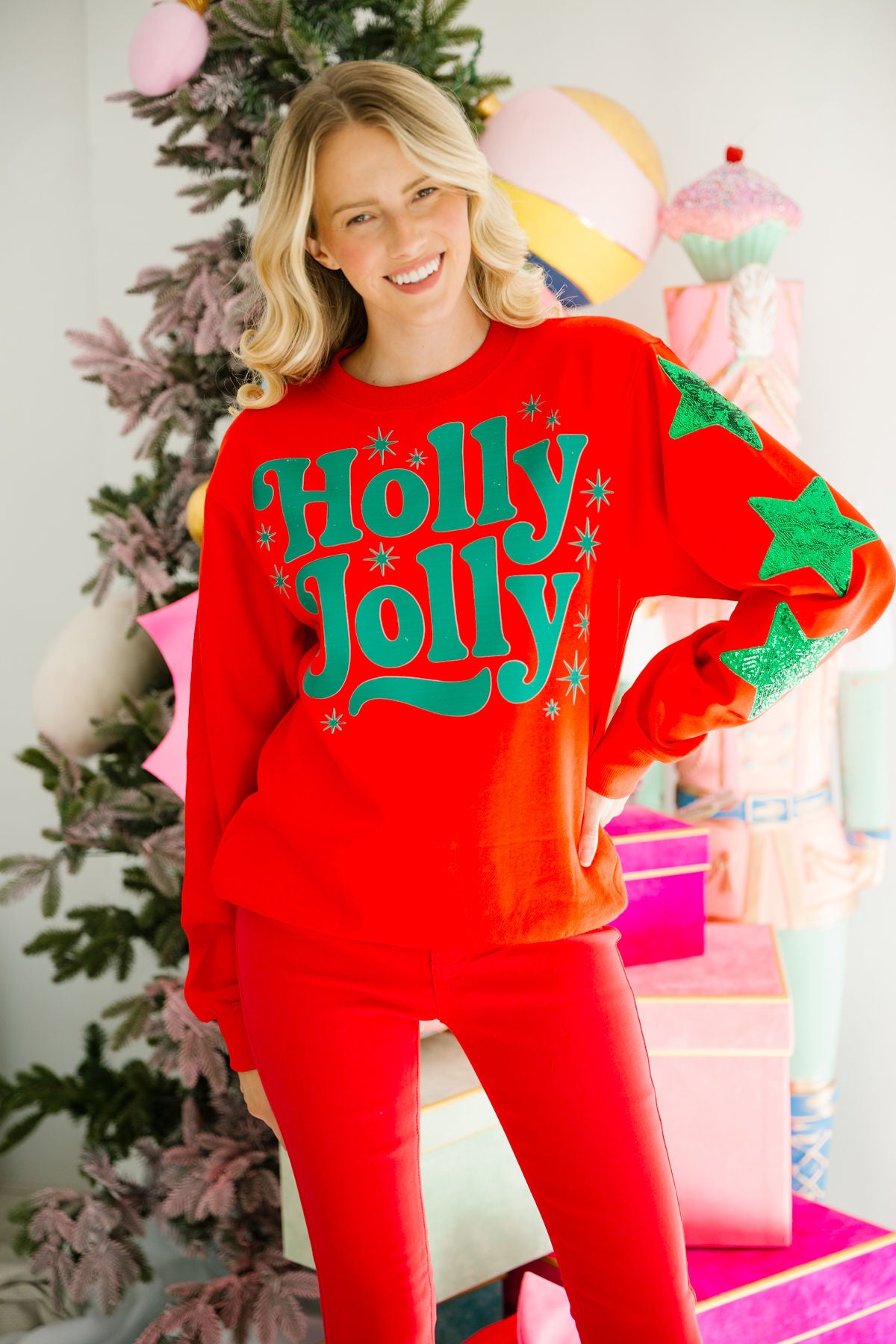 HOLLY JOLLY STAR RED PULLOVER PULLOVER Judith March