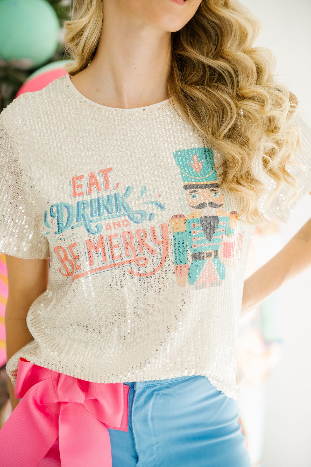 EAT, DRINK, AND BE MERRY SEQUIN TOP TOP Judith March