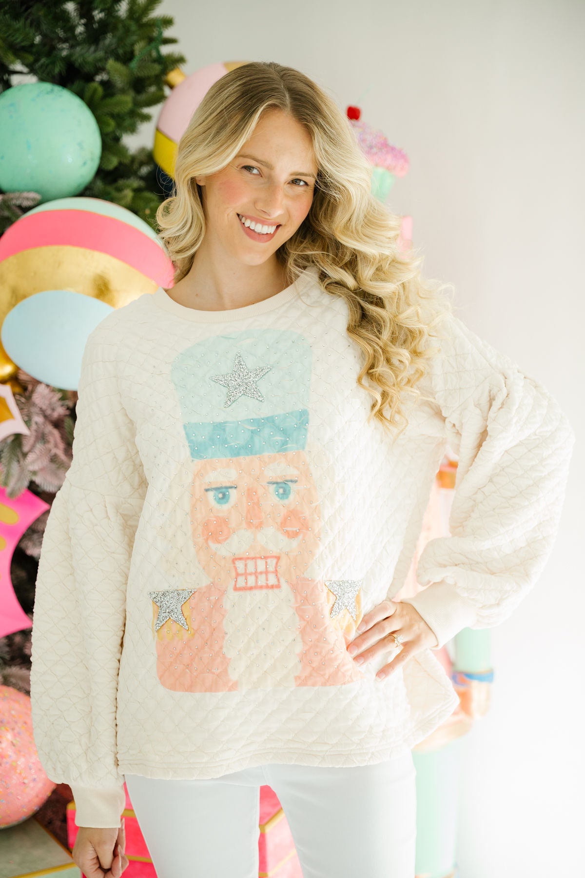 NUTCRACKER CREAM QUILTED PULLOVER SWEATER Judith March
