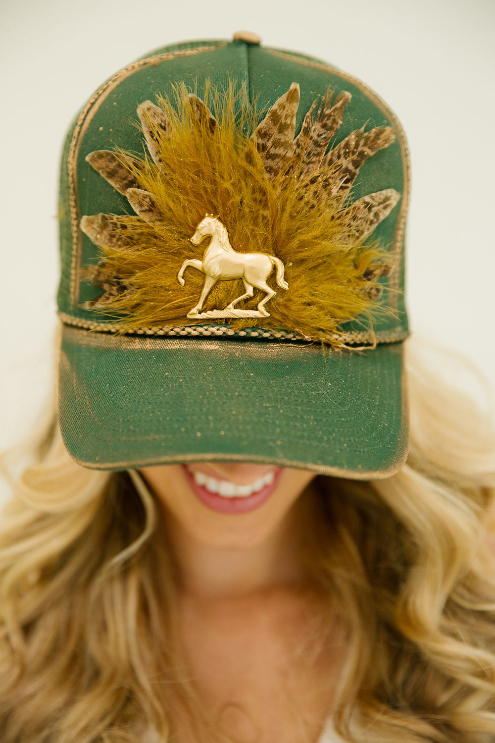 CROWNED STALLION GREEN STRUCTURED HAT TRUCKER HAT Judith March