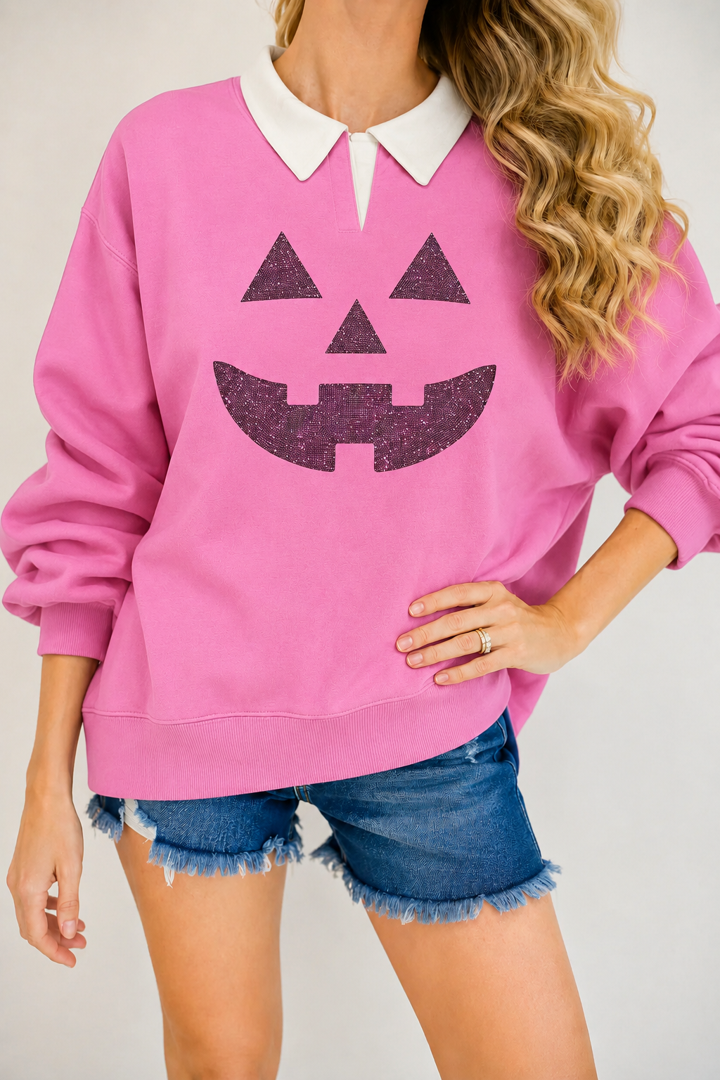 * PINK RHINESTONE JACK O' LANTERN CREW NECK - LARGE PULLOVER Judith March
