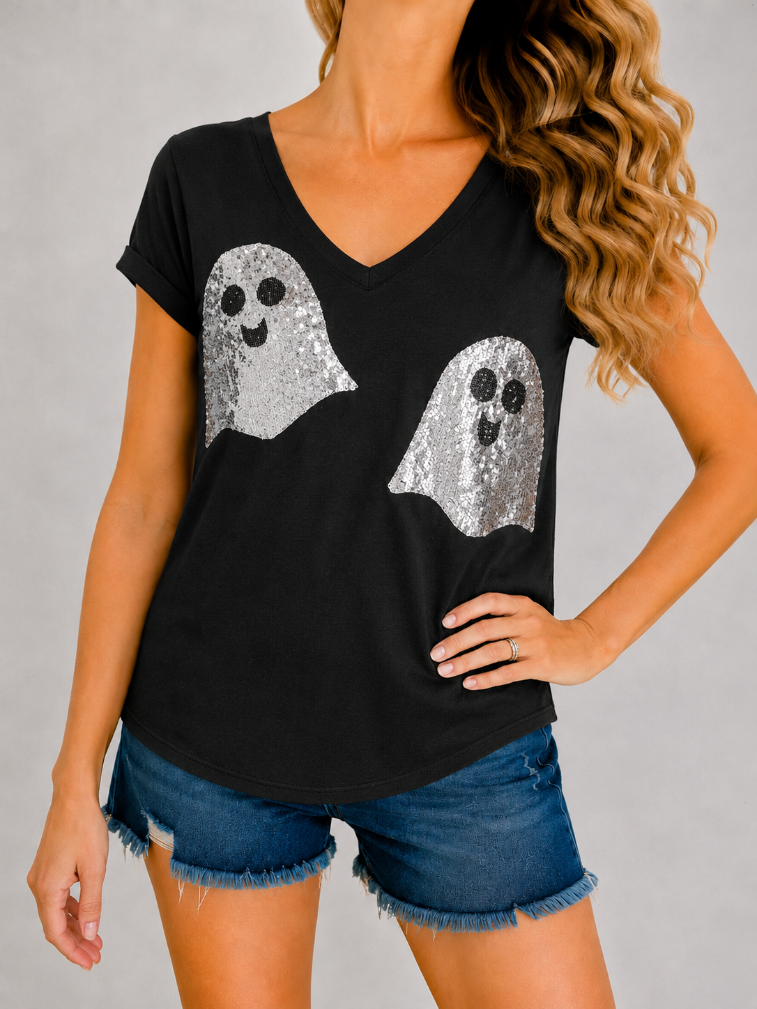 *BLACK SEQUIN GHOST TEE - MEDIUM