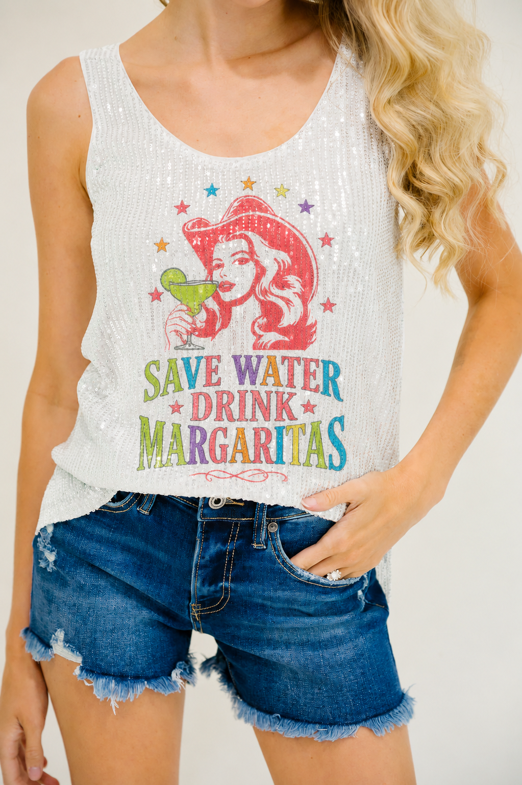 *SAVE WATER DRINK MARGARITAS SEQUIN TANK - MEDIUM