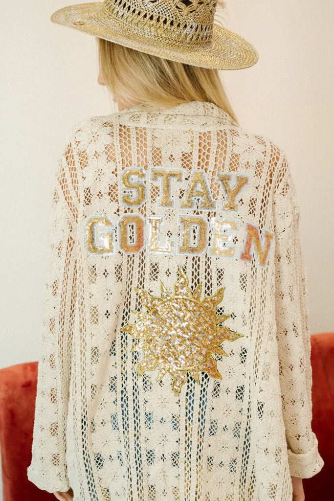 Floral lace button down with Stay Golden in gold sequin letters with a gold sun patch