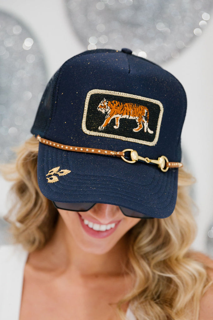Navy trucker hat with tiger patch, leather band, and glitter option