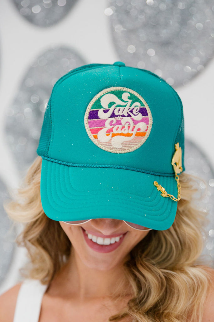 TAKE IT EASY GLITTER TRUCKER HAT LIMITED EDITION Judith March TURQUOISE YES- SPARKLE SPRAY 