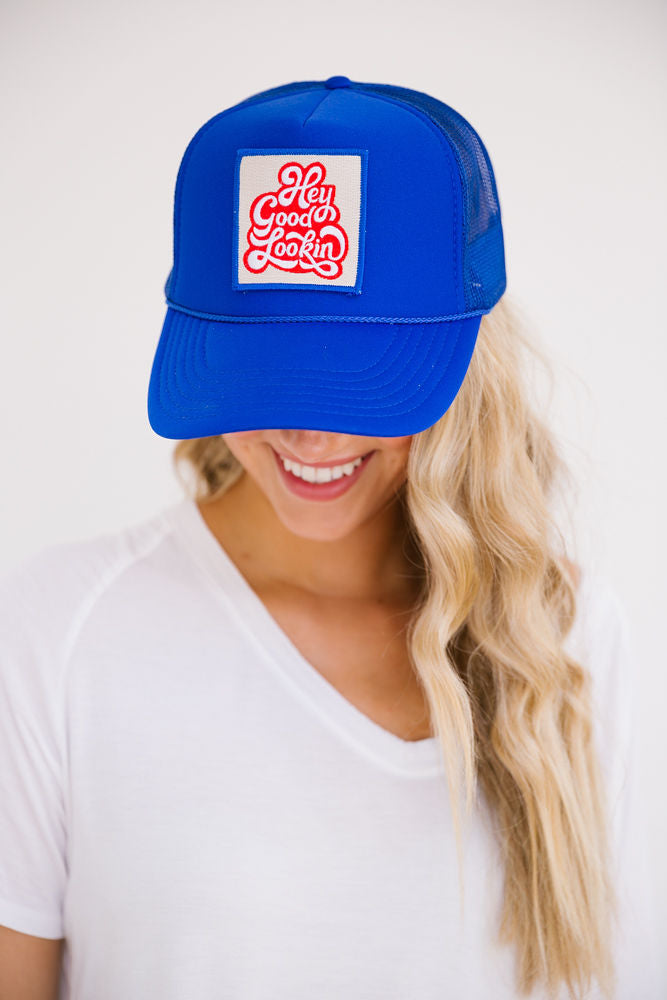 HEY GOOD LOOKIN BLUE TRUCKER HAT Judith March
