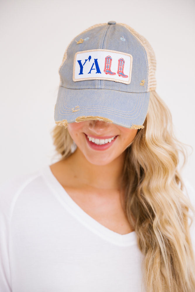 Y'ALL PATCH RED DISTRESSED HAT Judith March