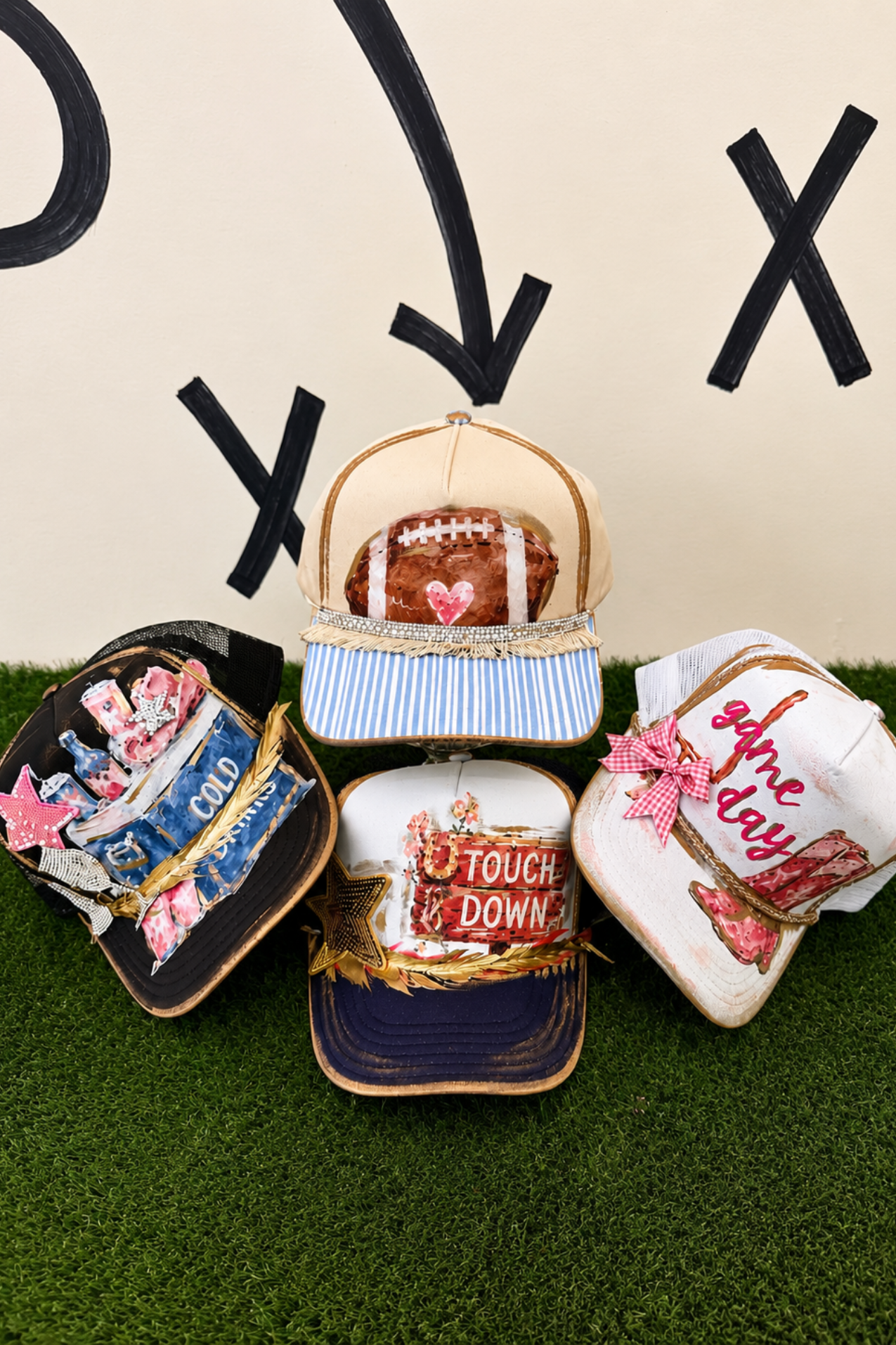 I HEART FOOTBALL STRIPED HAT TRUCKER HAT Judith March