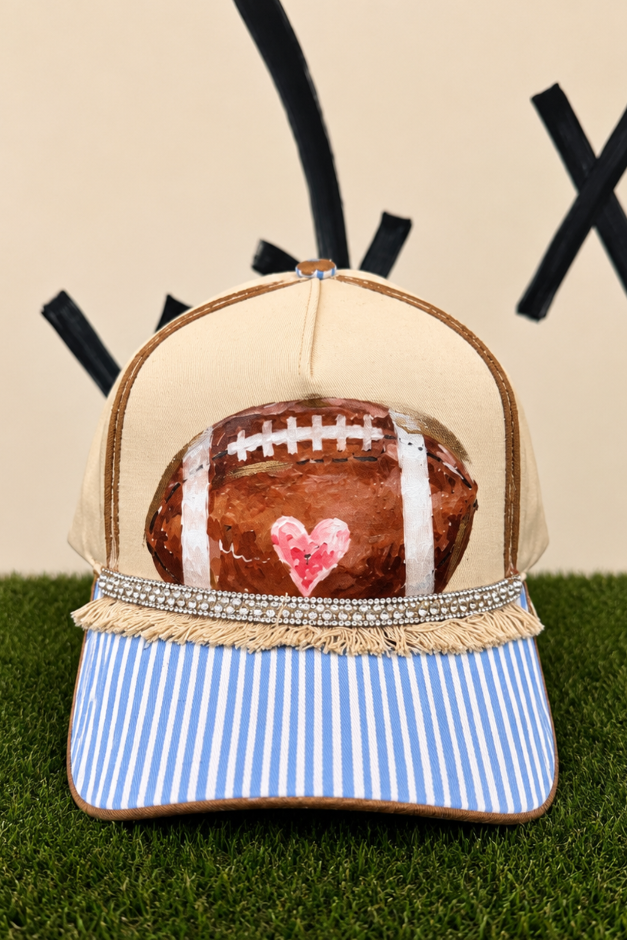 I HEART FOOTBALL STRIPED HAT TRUCKER HAT Judith March