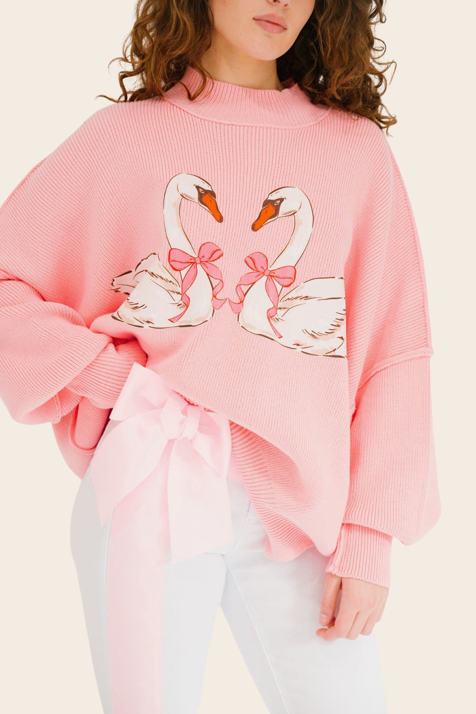 *SWAN LOVE MOCK NECK PINK SWEATER - S/M PULLOVER Judith March