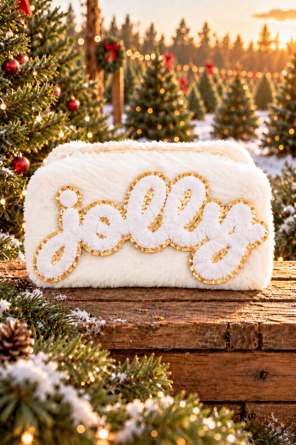 HOLLY JOLLY CREAM FUZZY BAG bow Judith March WHITE