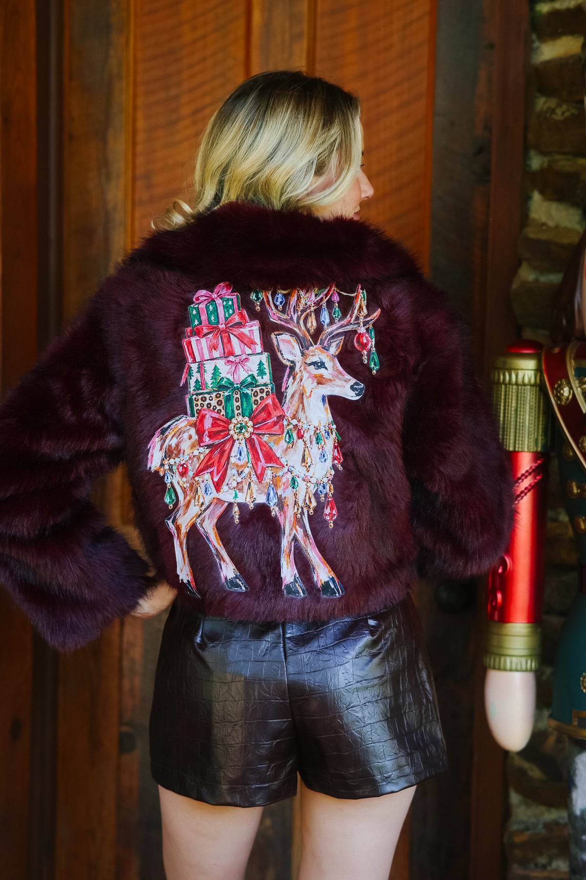 REINDEER & RIBBONS BURGANDY FUR COAT JACKET Judith March