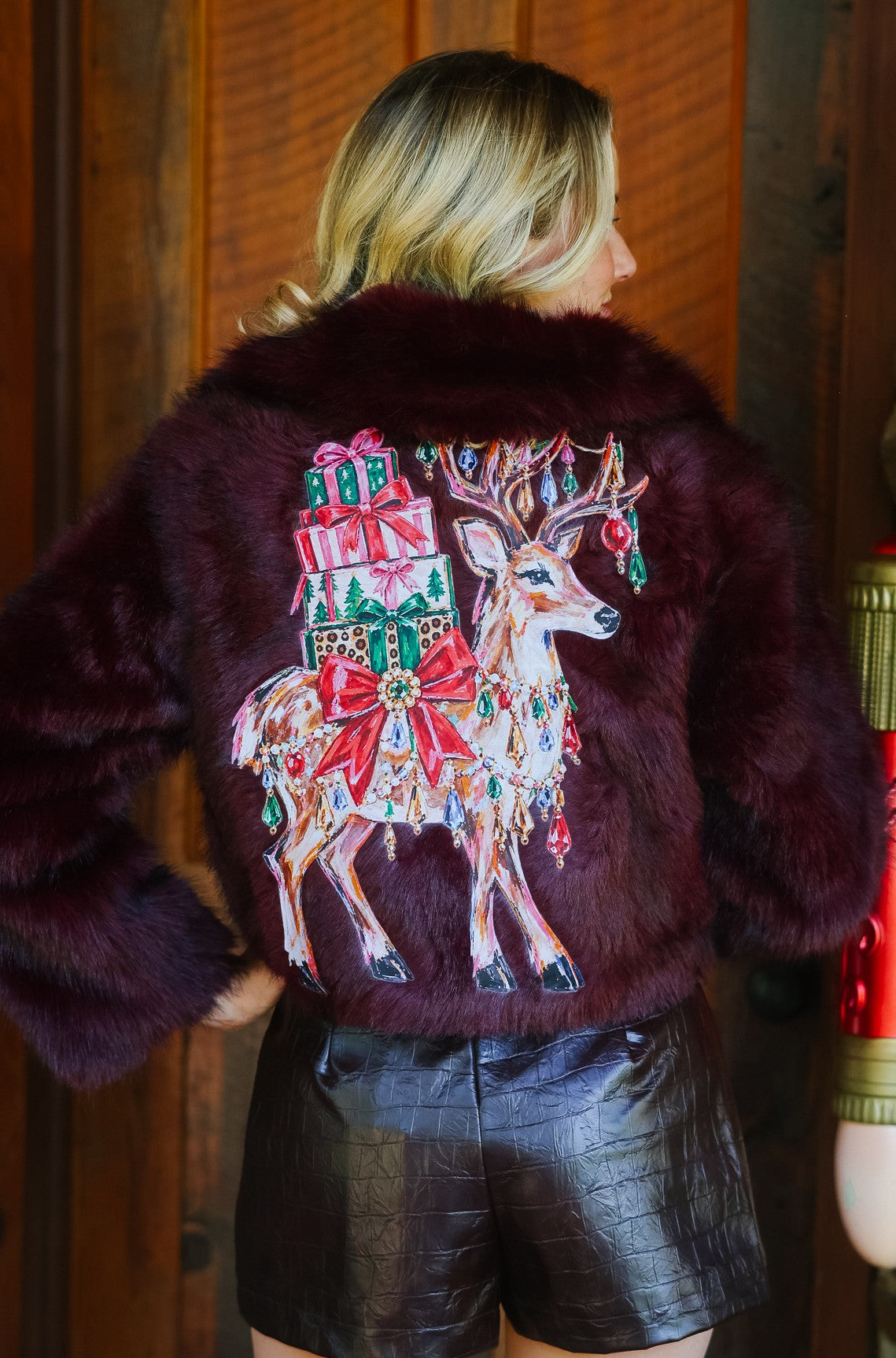 REINDEER & RIBBONS BURGANDY FUR COAT JACKET Judith March