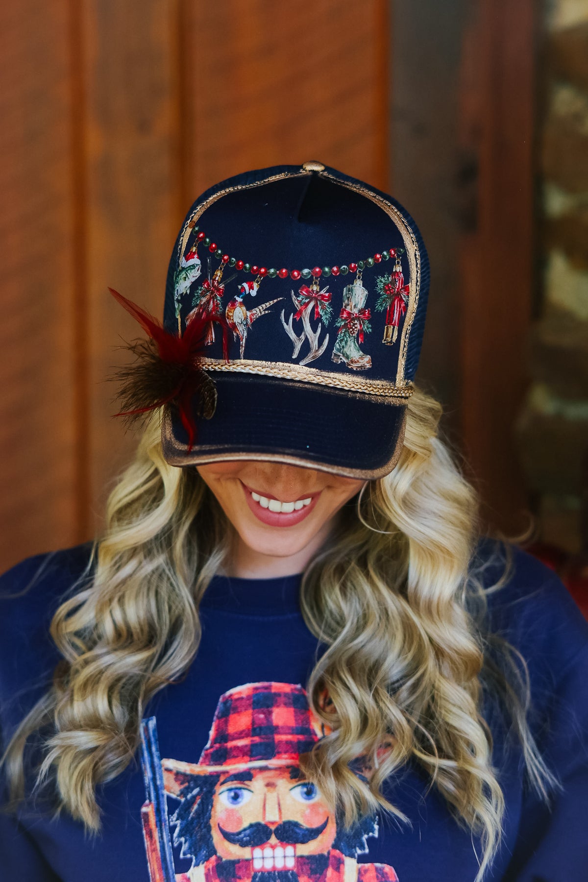 CHRISTMAS AT THE CABIN NAVY STRUCTURED HAT TRUCKER HAT Judith March