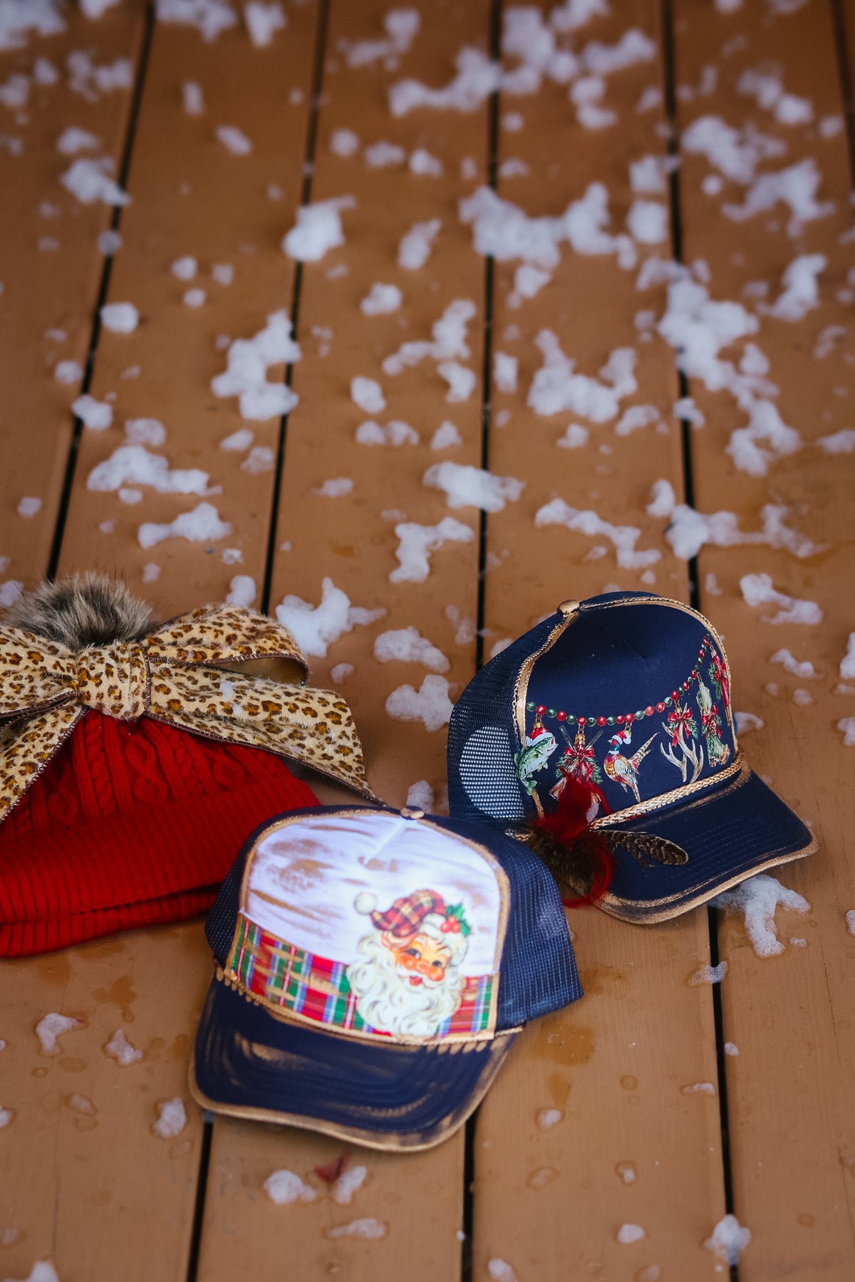 CHRISTMAS AT THE CABIN NAVY STRUCTURED HAT TRUCKER HAT Judith March