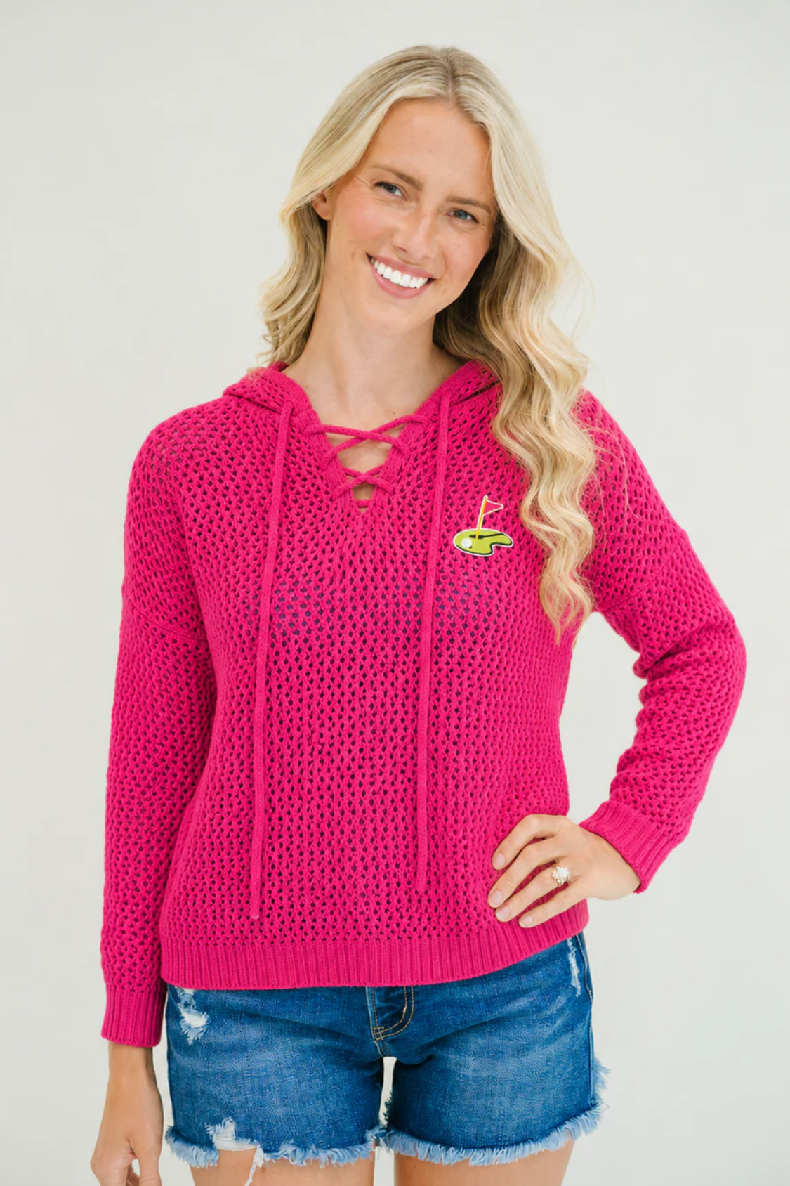 **GOLF PATCH PINK CROCHET HOODIE - M/L PULLOVER Judith March